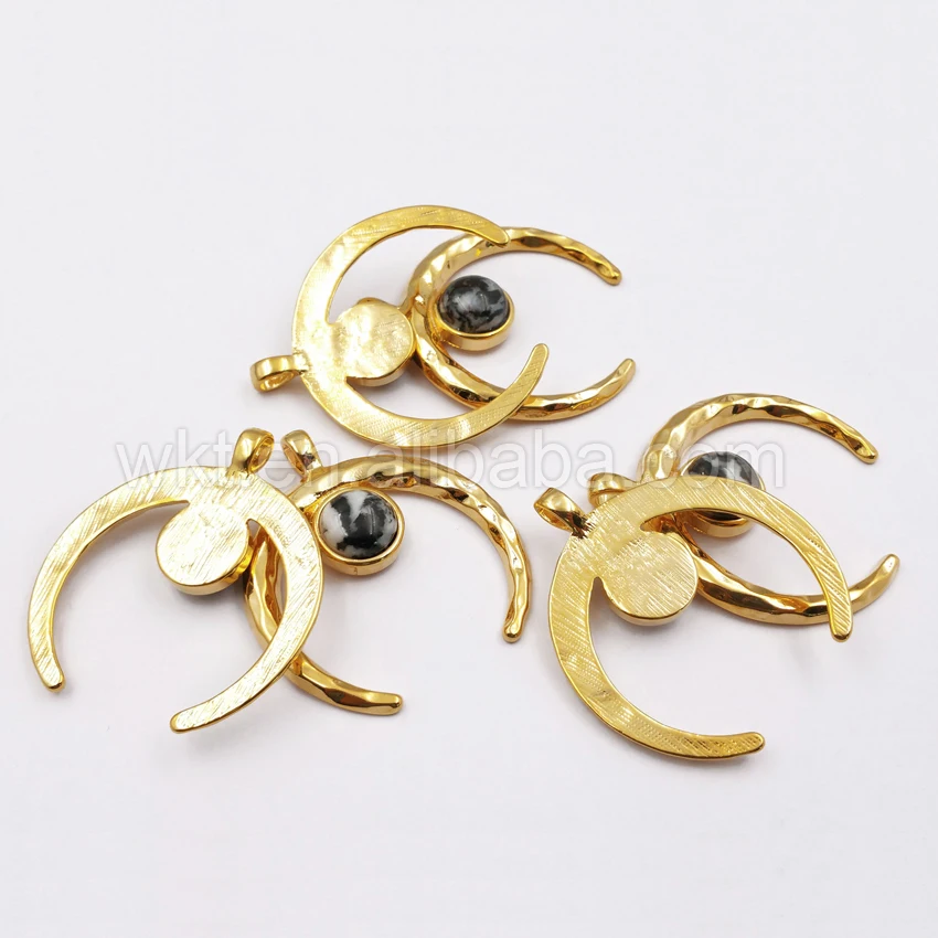 WT-P1116  Special Moon Shape With Yellow Brass And  Natural Stone Charms Pendant Crafts Accessory For Necklace Making