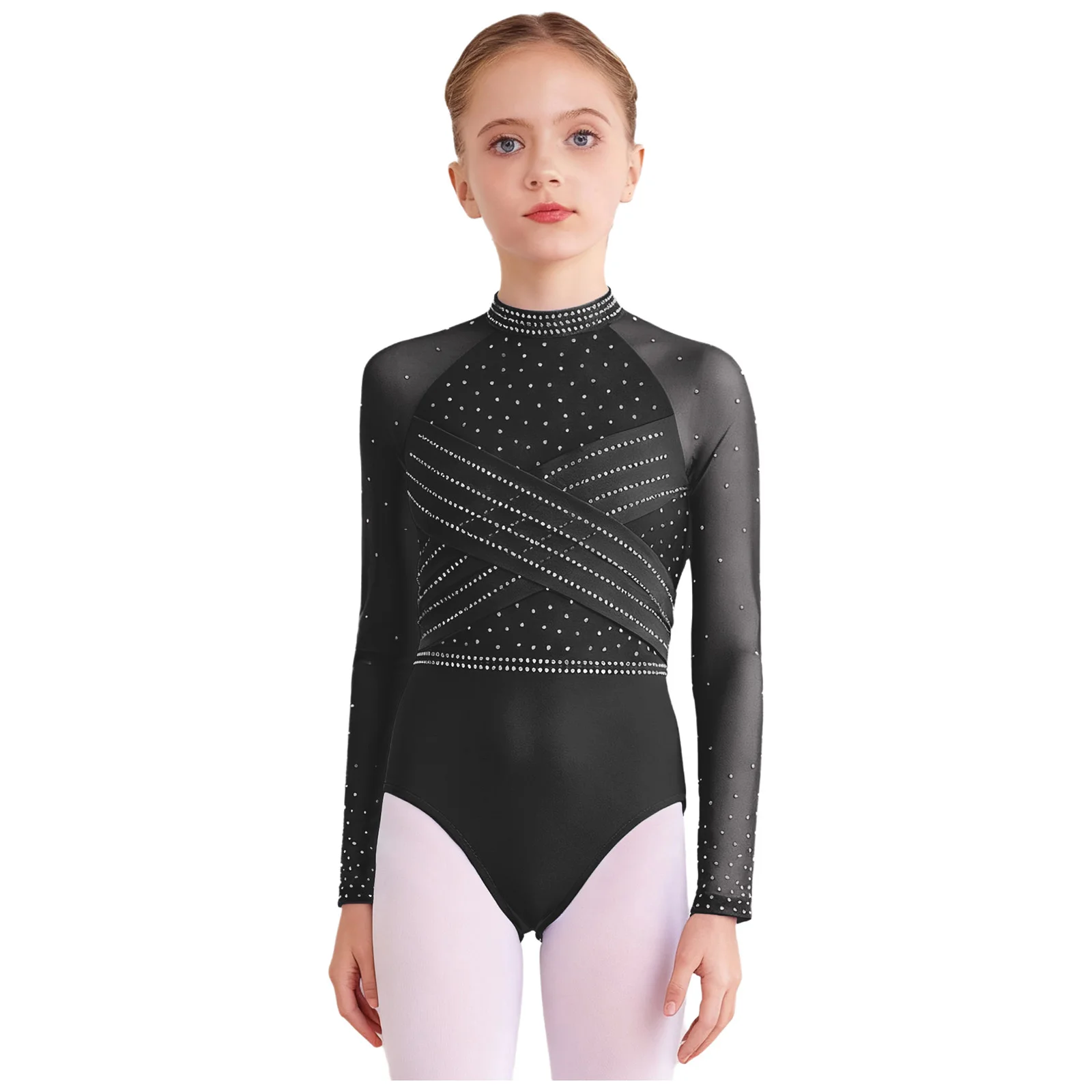Kids Girls Cutout Back Dance Leotard Sheer Mesh Long Sleeves Cross Front Sparkling Rhinestones Bodysuit Dancewear