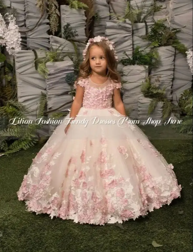 Princess Mini Quinceanera Dresses Fairytale 3D Flower Applique Tender Pink Tutu Flower Girl Dresses Birthday Party Customised