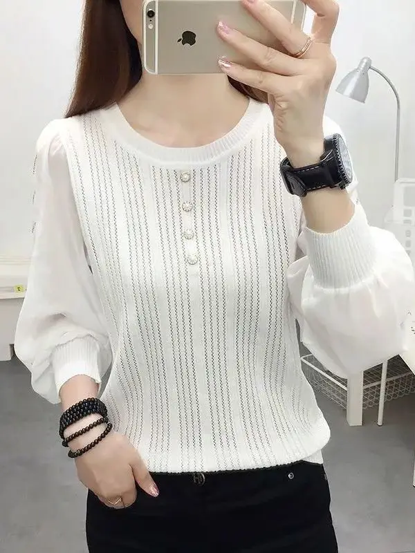 

Ранняя осень, свободный вязаный лоскутный топ Long Sve, женский модный цветной универсальный базовый слой irt