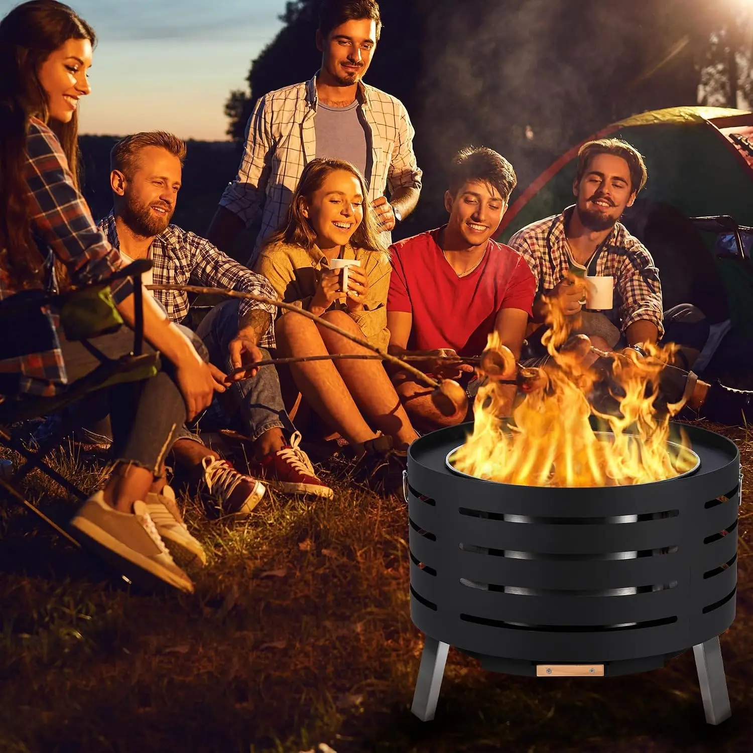 Garvee 26inch Smokeless Table Top Fire Pit with Removable Ash Pan, Bamboo Lid Waterproof Cover, Portable Outdoor Firepit for Patio, Backyard, Camping, Bonfire