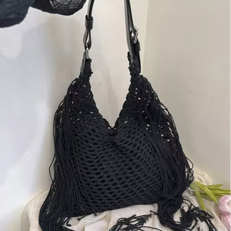 

High-end Brand Designer Woven Bag Fashionable Tassel Shoulder Tote Bags Versatile Hollow Beach Bag New Large Capacity Straw Bags