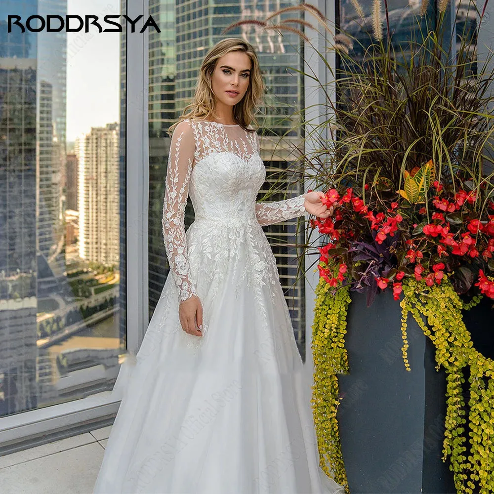 RODRSYA Paillette Applique A-Line Abito da sposa 2024 Maniche lunghe O-Neck Tulle RODDRSYA paillettes Applique a-line abito da sposa 2024 maniche lunghe o-collo Tulle abiti da sposa eleganti su misura Vestidos De Novia