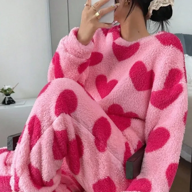 

Ярко-розовый пижамный костюм с принтом, одежда для сна, теплый коралловый флис, верхние брюки, 2 шт., одежда для дома, осенне-зимняя теплая домашняя одежда, наряд