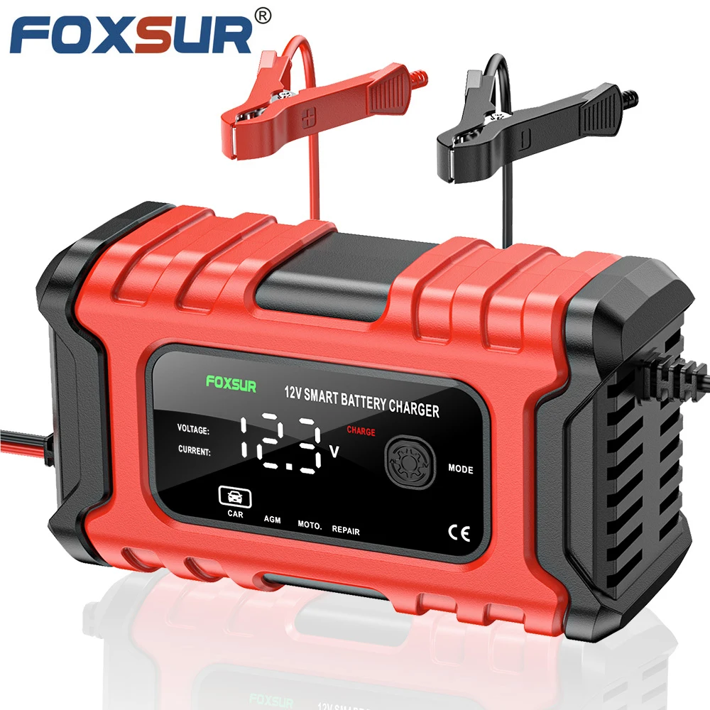 FOXSUR Full Automatic Car Battery Charger 12V 6A Digital Display Battery Charger Power Puls Repair Chargers Wet Dry Lead Acid