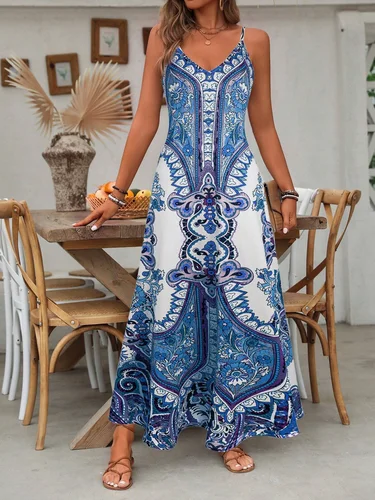 Vestido halter con estampado floral de verano para mujer, largo, tirantes ajustables, bolsillos laterales, elegante y elegante, adecuado para vacaciones en la playa