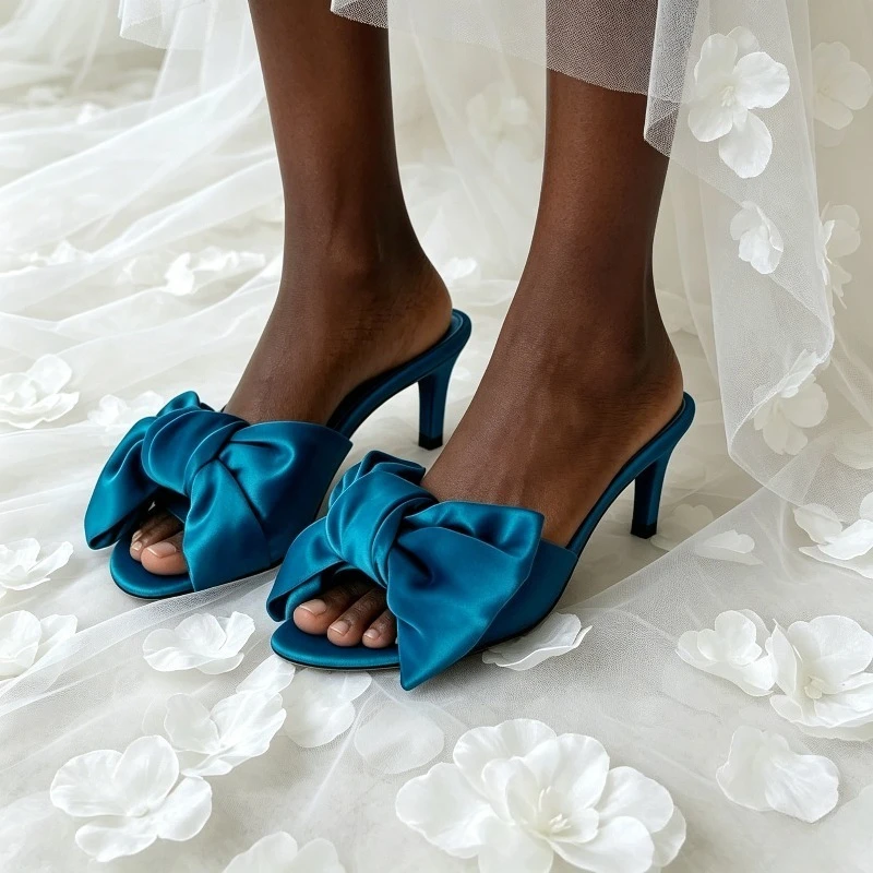 Satin Bow Detail Low Heeled Slipper Woman Summer 2026 Open-toe Sweet Mules and Slides Luxury Party Brand Heels Sandals for Women