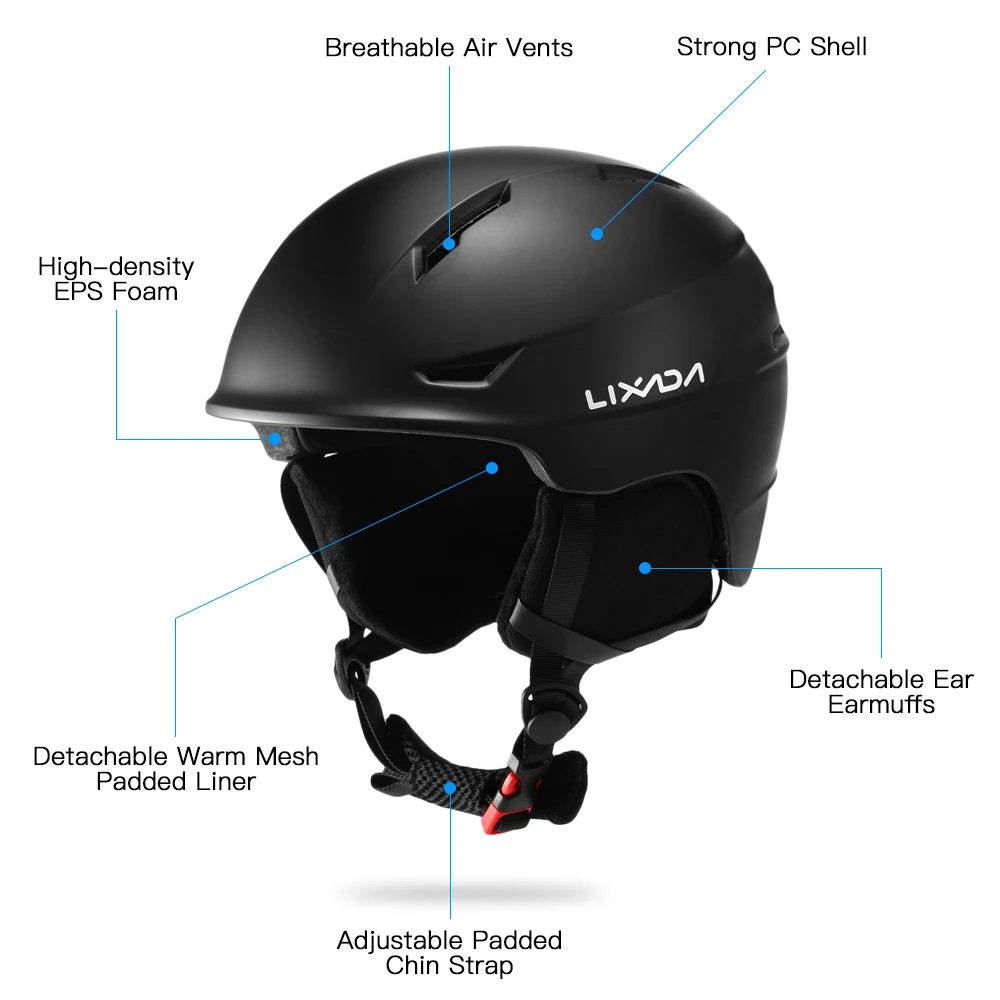 Lixada Snowboard Helmet with Detachable Earmuff Men Women Safety Skiing Helmet with Goggle Fixed Strap Skiing Helmet
