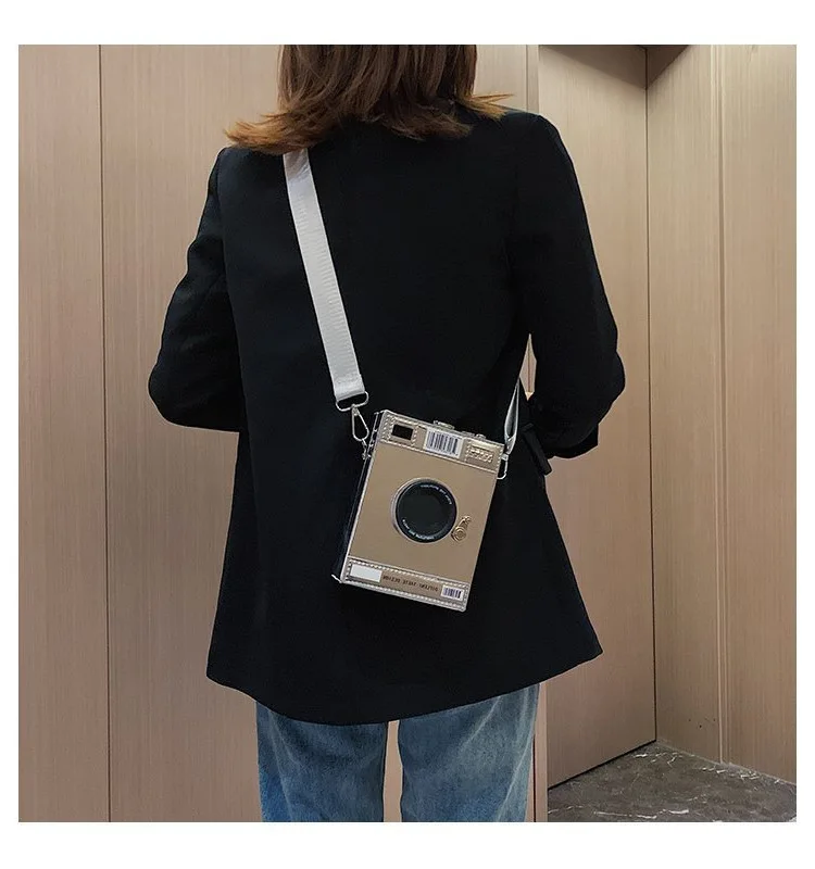 Camera Shape Shoulder Bag Women Box Shape Crossbody Bag Wide Shoulder Belt Fashion Handbag For Ladies Black and Laser Color2023