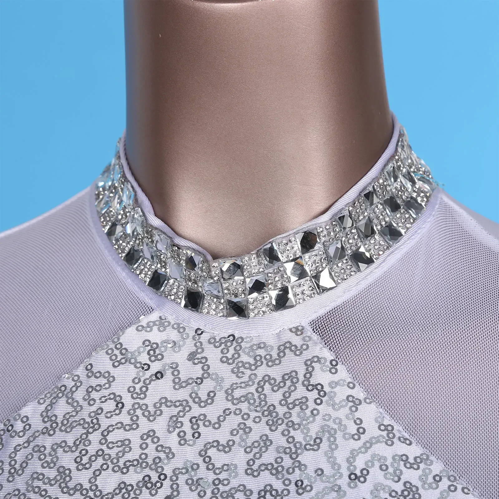 Vestido de baile latino para mujer, leotardo con flecos, malla con cuello de diamante, traje de actuación de Tango, Rumba, Cha-Cha, Samba