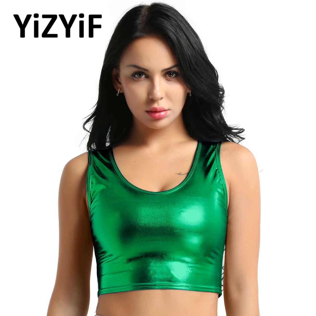 

Womens Shiny Metallic Scoop Neck Tank Crop Top Fashion Pu Leather Latex Vest Pole Dancing Bra Party Festival Raves Clubwear