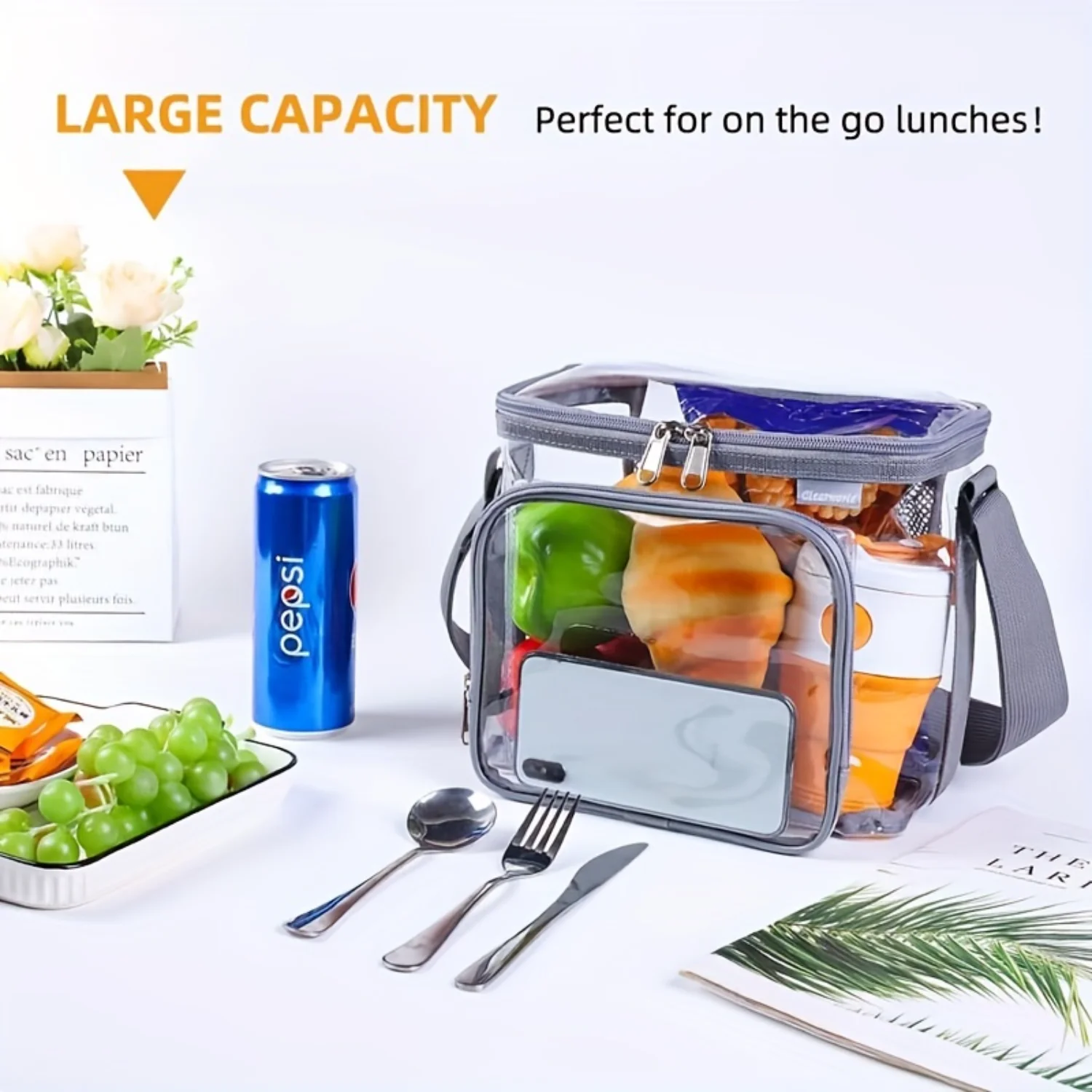 Stylish Clear Reusable Lunch Bag - Insulated, Waterproof & Adjustable - Perfect for School, Office, & Outdoor Adventures - Durab