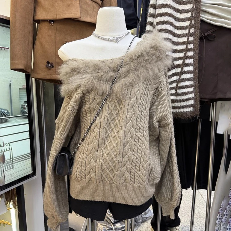 

Loose Fit oulder Bared Knitted Sweater Fur Design Winter 2025 New Korean Sle Women's Long Sve Top