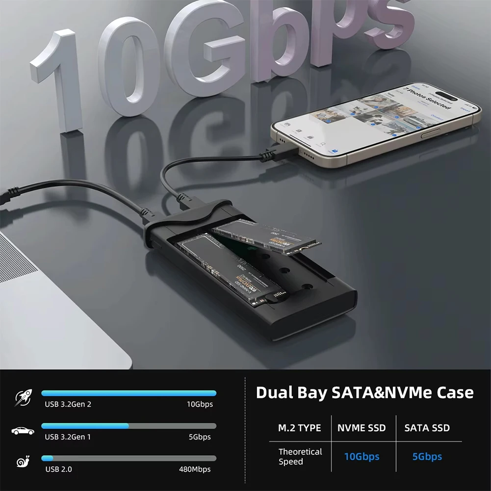 M.2 SSDกรณีNVME Enclosure Dualโปรโตคอลฮาร์ดดิสก์ไดรฟ์กล่องอะแดปเตอร์ 10Gbps USB3.2 Gen2 Type-Cกล่อง