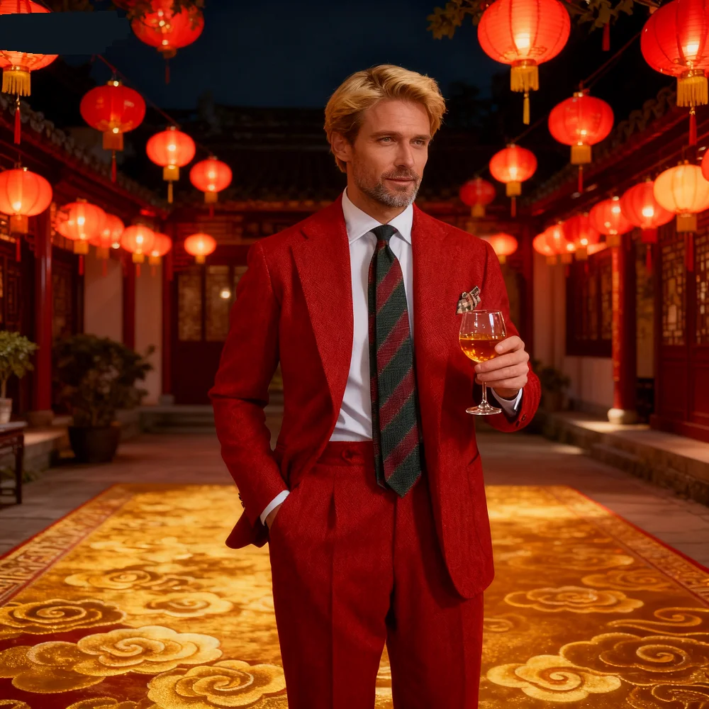 

Solid Man Double-breasted 2 Piece Suit Peak Lapel Wedding Business Casual Graduation Outfit Set for Men