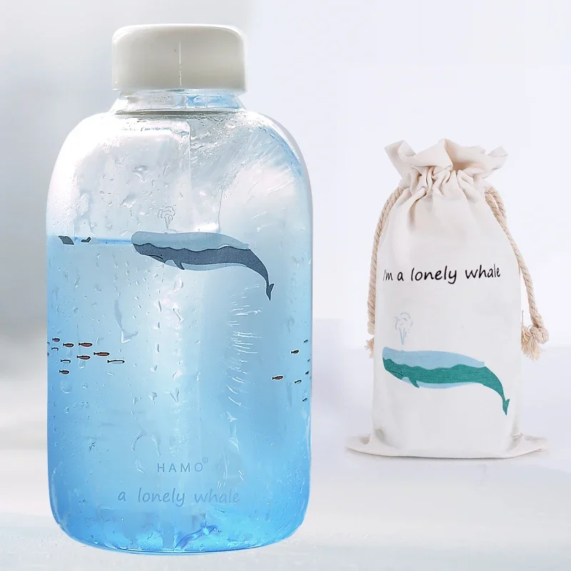 Whale Gradient Color Glass Water Bottle with Sleeve 600ml Kawaii Cup Cute Animal Bottles Camping Sport Bottle Tour Drinkware
