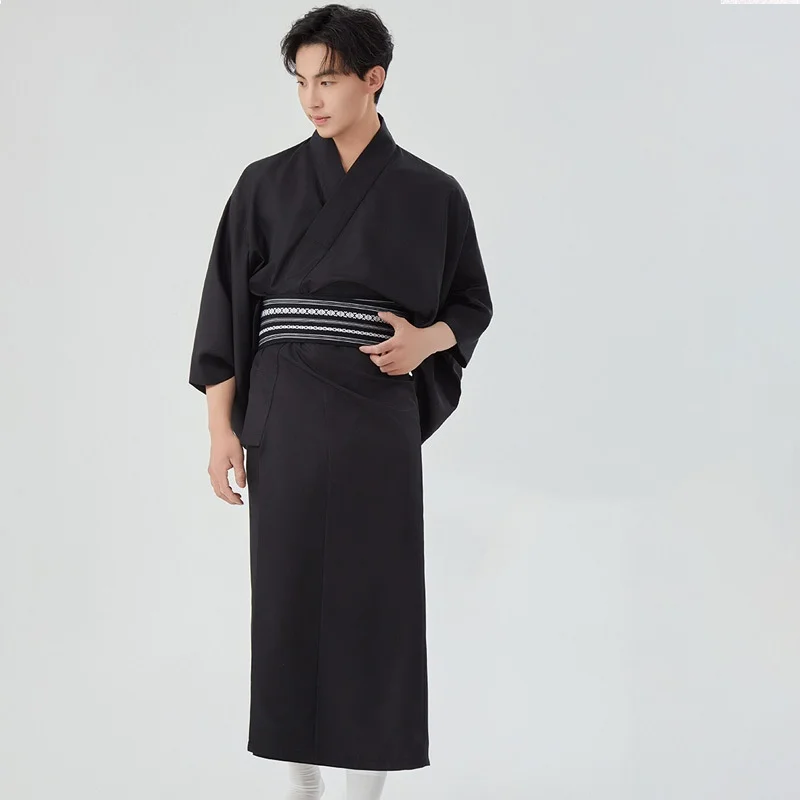 Japanese Traditional Men's Kimono Set with Haori, Samurai Robe with Belt, Home Bathrobe, Cosplay Costume