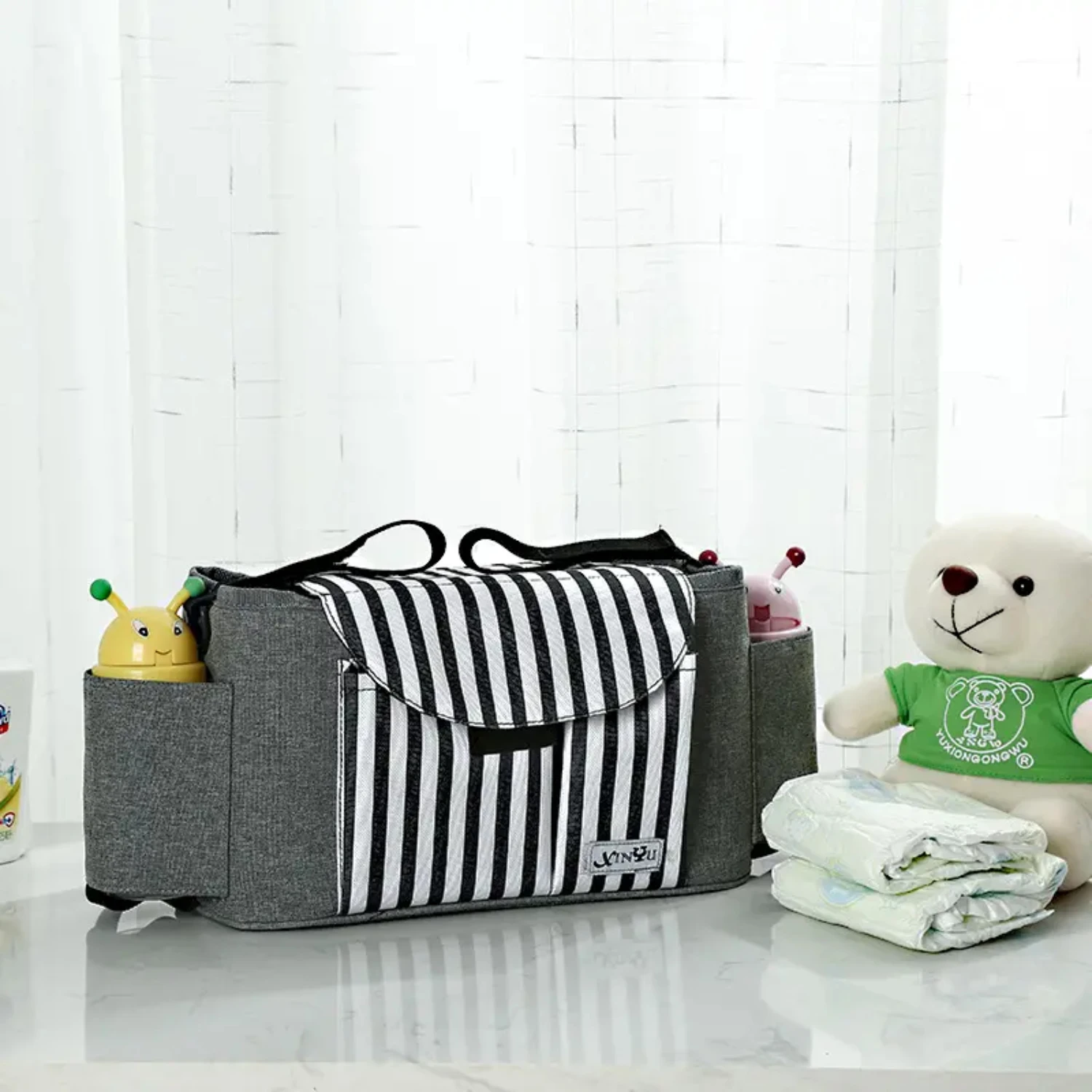 Baby Stroller Storage Bag, Multi-Functional Striped Mother Baby Bag, Large Capacity Portable Waterproof Diaper Bag