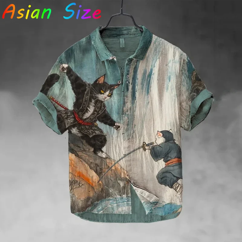 

Men Street Japanese Style Vintage Shirts 2026 Daily Samurai Cat Cartoon Printing Casual Loose Shirts Short Sleeve Beach Blouses