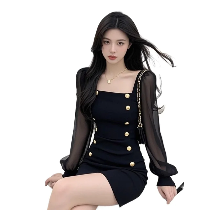 

Легкое роскошное платье знаменитостей с французским квадратным воротником, черная короткая юбка с запахом на бедрах, женская одежда, изысканная простая