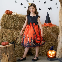 Fancy Halloween Costume For Girls Cosplay Dress Children Girl Castle Printed Carnival Princess Party Dresses With Pumpkin Bag