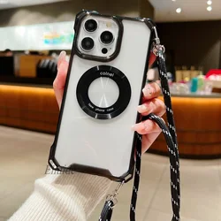 Four Corners Strap Case For iPhone 17 15 14 13 12 Pro Max 16 Plus 11 Pro Crossbody Cord Lanyard Shockproof Clear Magnetic Cover