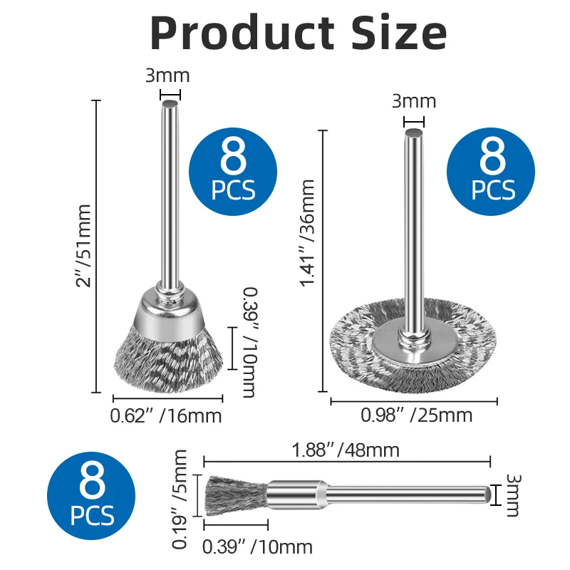 24pcs Steel Wire Wheel Cup Brush Set 3mm Shank Polishing Wheel Brush For Dremel Rotary Tool Metal Rust Removal Brush Set