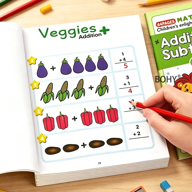 1 Book of Fun Arithmetic Training Workbook, with Cute Illustration Patterns,total 64 Pages of Addition and Subtraction Exercises