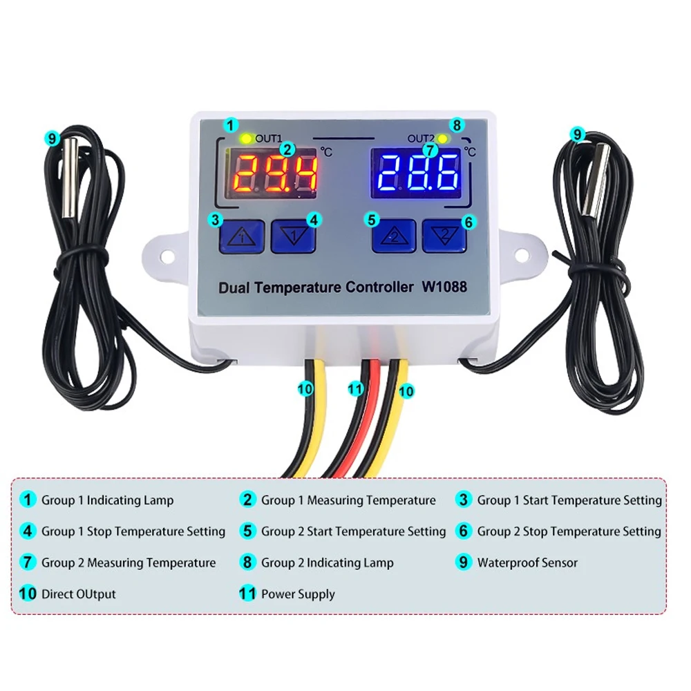 W1088 Dual LED Digital Temperature Sensor Controller Electric Heating Thermostat DC12V/24V AC110-220V Aquarium Thermostat