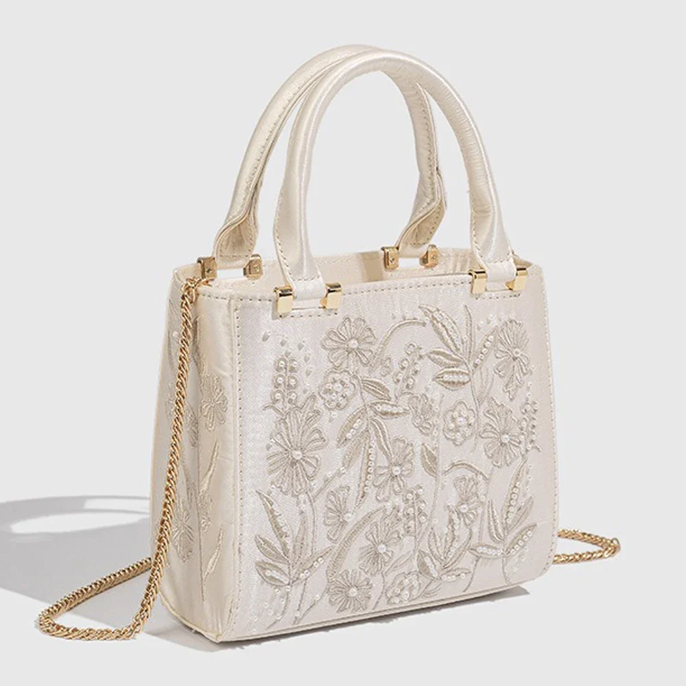 

Fashion Floral Embroidery Square Bag Small Women's Handbag Beaded Purse Shoulder Messenger Bag
