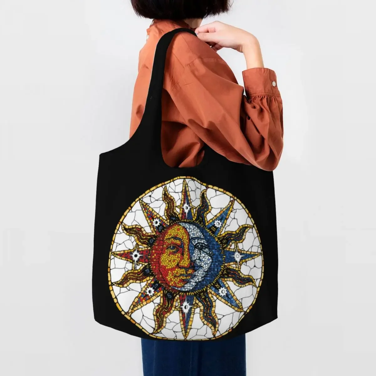 Custom Celestial Mosaic Sun And Moon Coaster Canvas Shopping Bag Women Reusable Large Capacity Grocery Shopper Tote Bags