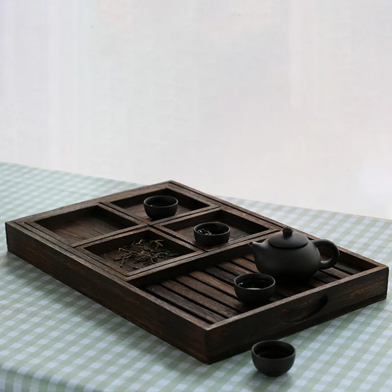 Japanese Burnt Tung Wood Tray Seven-Piece Home Rectangular Small Fruit Tray Solid Wood Snack Nut Tray Tea Tray