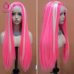 OLEY Pink Synthetic Lace Front Wig 13*4 Ombre Synthetic Wigs For Women Highlight Silky Straight Fibre Hair Wig Cosplay Wig