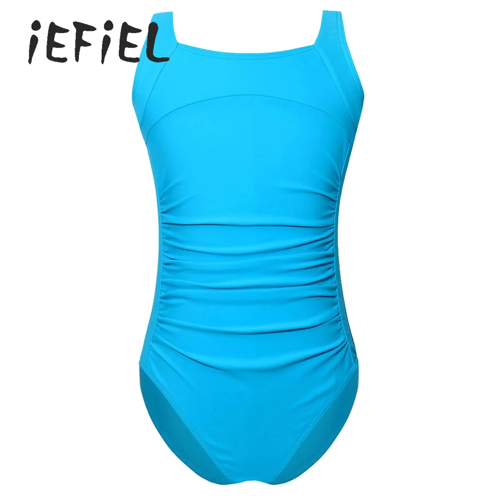 

Kids Girls One Piece Swimsuit Children Sleeveless Ruched Bathing Suit Beachwear Summer Solid Soft Nylon Swimwear Swimming Suits