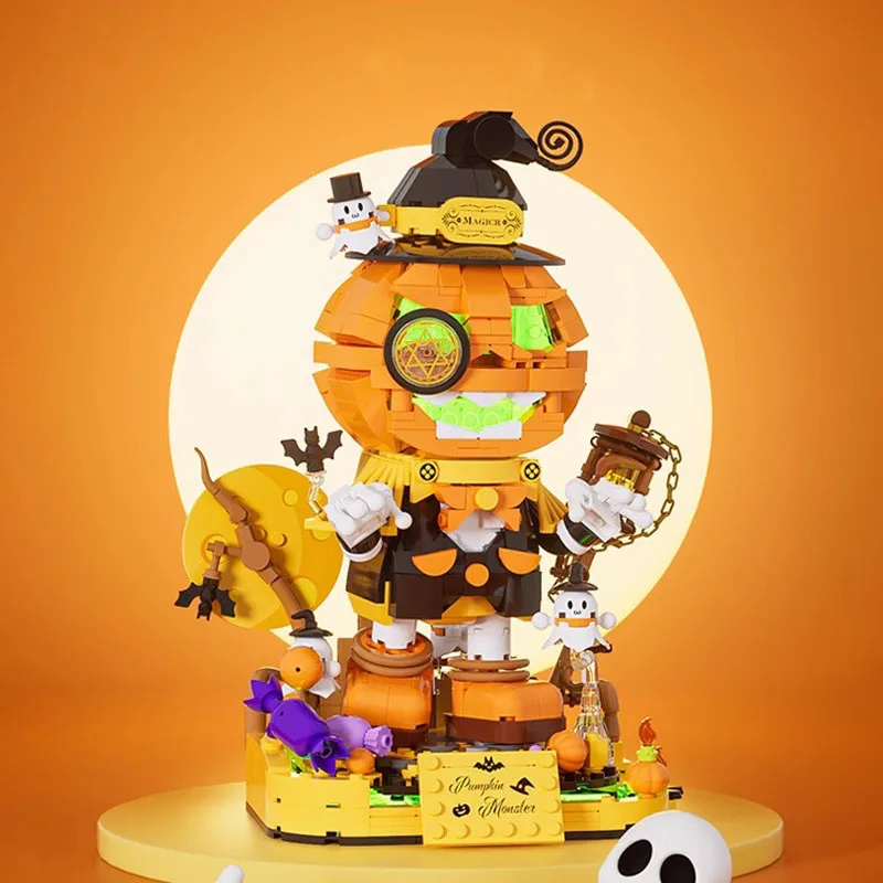 Lovely Cartoon Building Block Construction Sets Brick Halloween Pumpkin Elves Figures Toys With Light For All Saints Day Gift