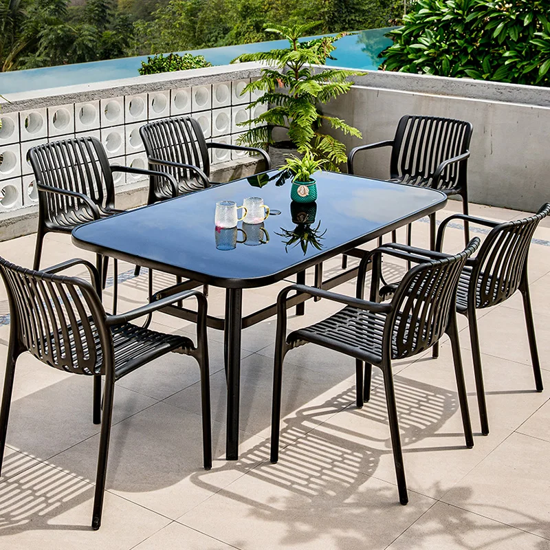 Outdoor table and chair courtyard open-air outdoor black table and chair combination glass carbon steel villa garden