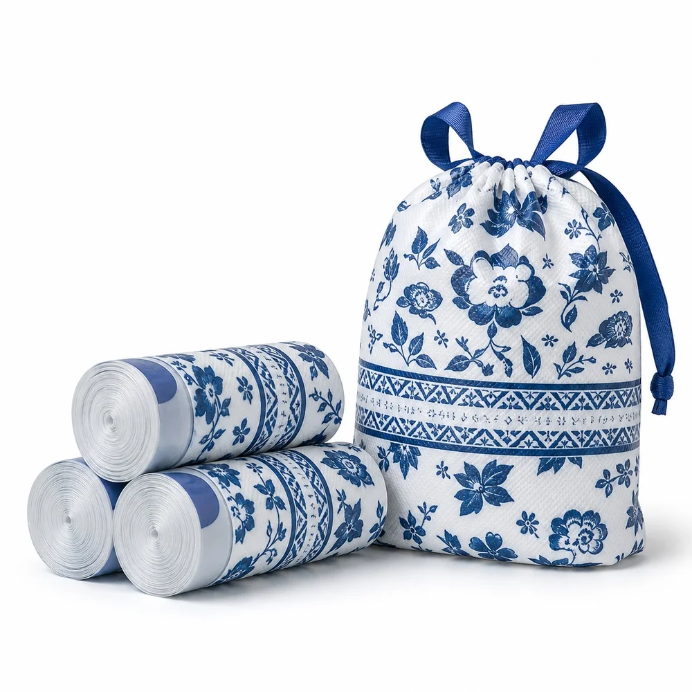 Trash Bags Blue White Drawstring 1 Roll 78 Pcs for Home Kitchen Bathroom Office Waste Baskets Bin Liners and Daily Cleaning
