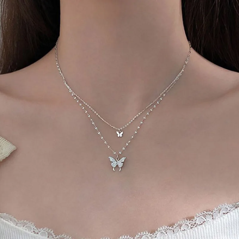 S925 Sterling Silver Double Layer Butterfly Necklace for Women INS Small Fresh Shiny Zircon Clavicle Chain Jewelry Accessories