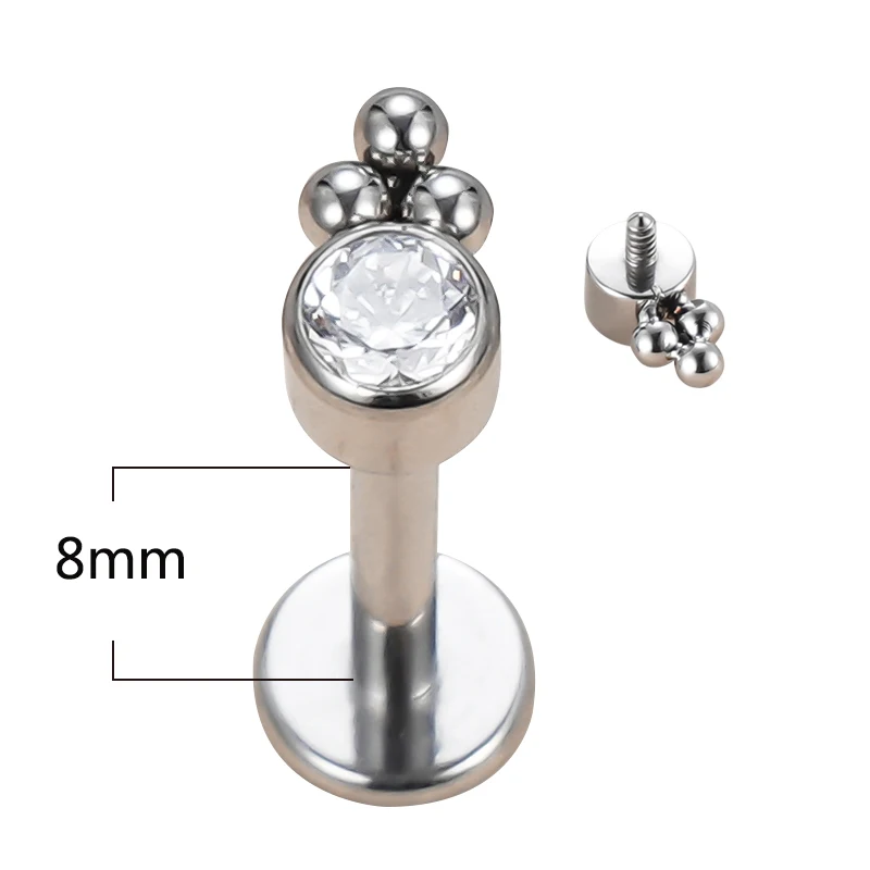 ASTM F136 Titanium ear studs Threaded 3 Balls Cluster CZ Bezel Top Labret Lip Stud PIERC Ear Cartilage Tragus Piercing Jewelry image 5