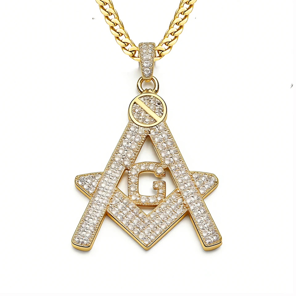VANAXIN Iced Out Men's Masonic Symbol Pendant Necklace Gold Plated Cubic Zirconia Fashion Punk Hip Hop Retro Freemason Jewelry