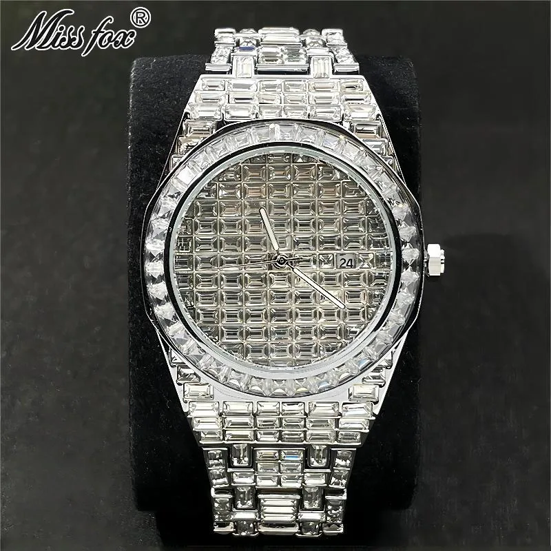 MISSFOX Luxury Quartz Watches Men Automatic Date Fashion Hip Hop Full Iced Diamond Waterproof Wrist Watch Man Reloj Hombre 2023