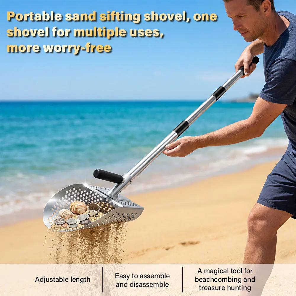 

Совок для песка из нержавеющей стали, совок для металлоискателя, совок с регулируемой длиной ручки, лопата-сито для песка, лопата для копания для поиска сокровищ