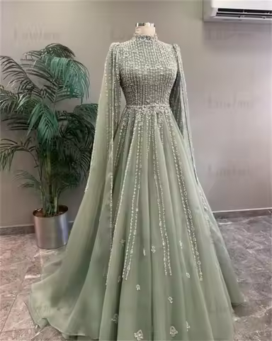 Muslim Green Cape Sleeves Beaded Evening Dresses Gowns Customized Beaded A Line Prom Dress 2025 Arabic Dubai Women Party Dress