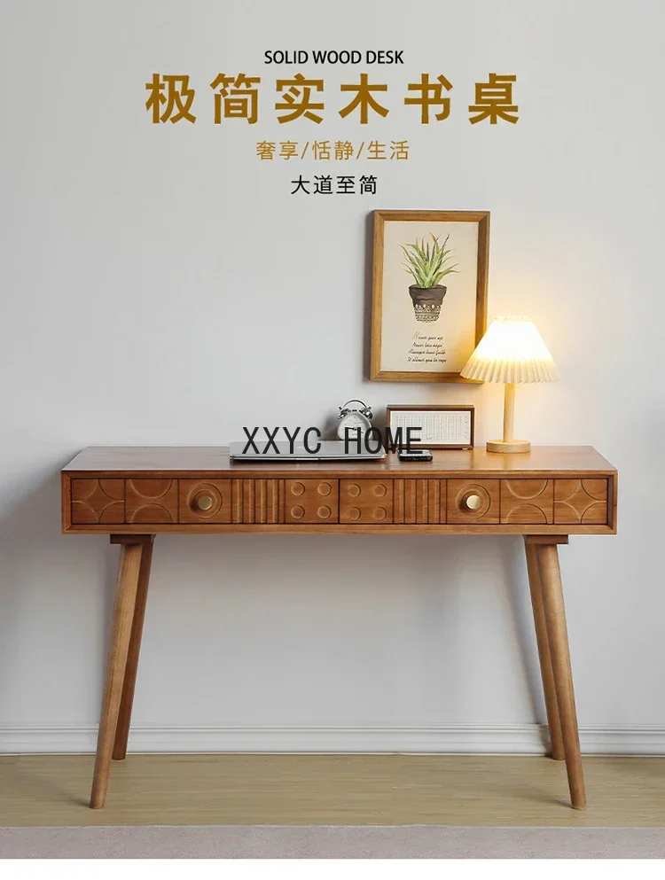 

Nordic Wood Carved Drawer Desk Study Table Retro Style Dresser Home Computer Desk