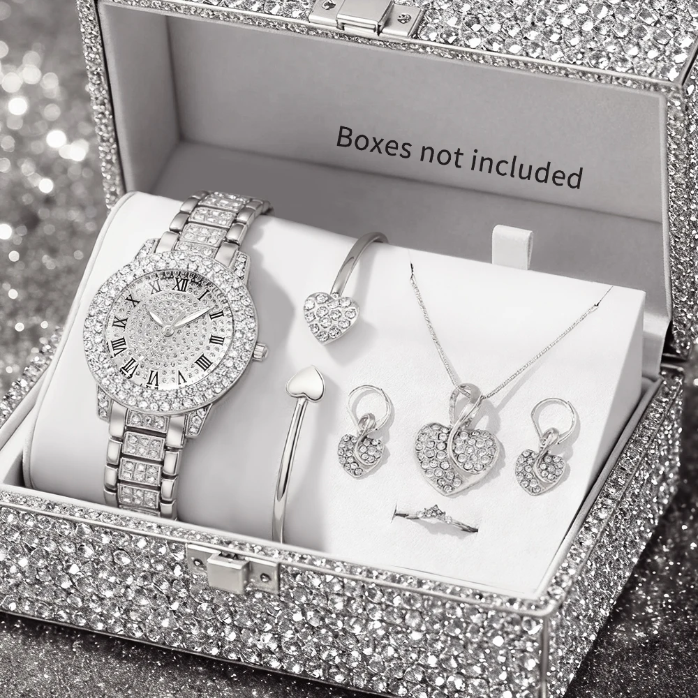6pcs/set new women's fashionable temperament watch paired with sparkling necklace, earrings, ring, bracelet jewelry set