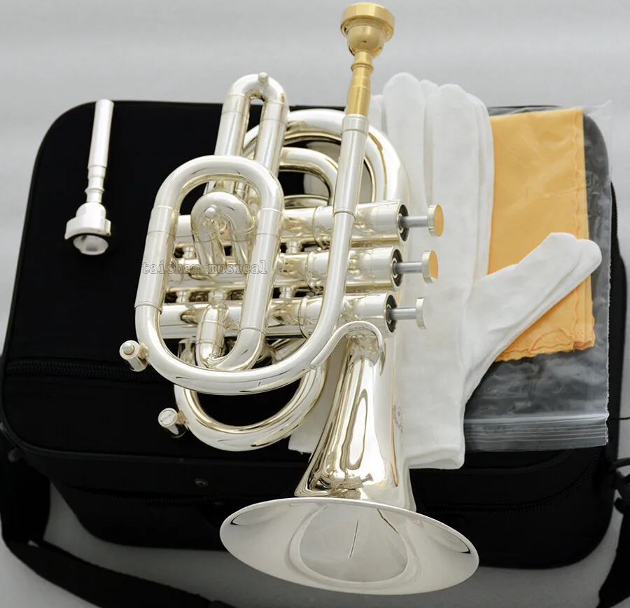 PerformanceProfessional Silver Plated Pocket Trumpet Bb Key Monel Valves Free 2 Mouthpiece