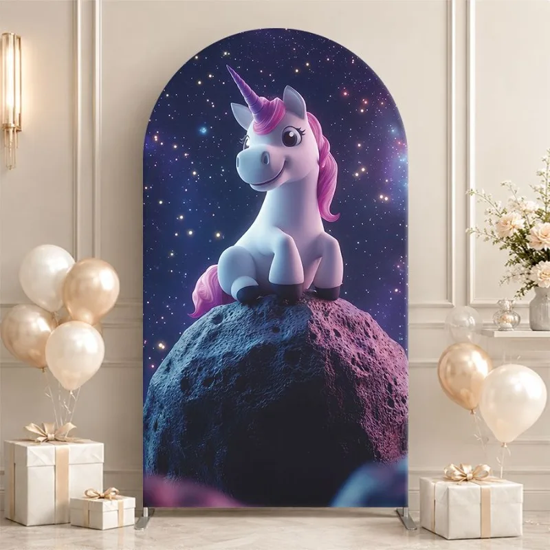 Single Side Arch Backdrop Cover Magical Unicorn on Moon Rock Background Cloth for Elegant Party Decor with Starry Sky and Pink
