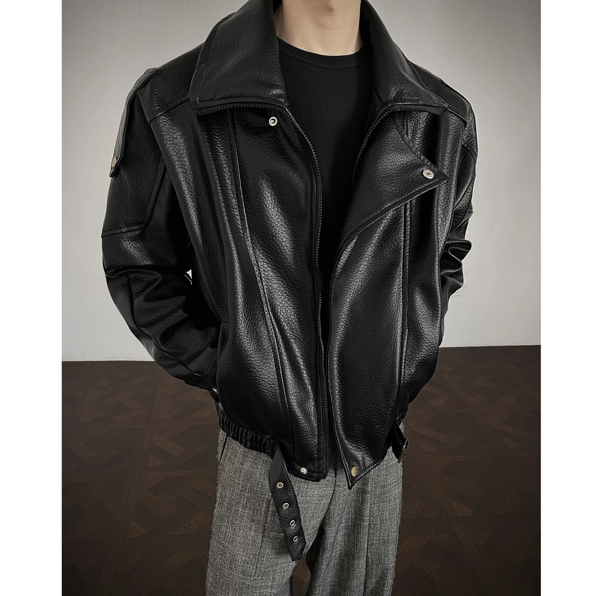 

American retro double-layer collar leather jacket, high-quality fashionable PU leather jacket, men's plus size leather jacket