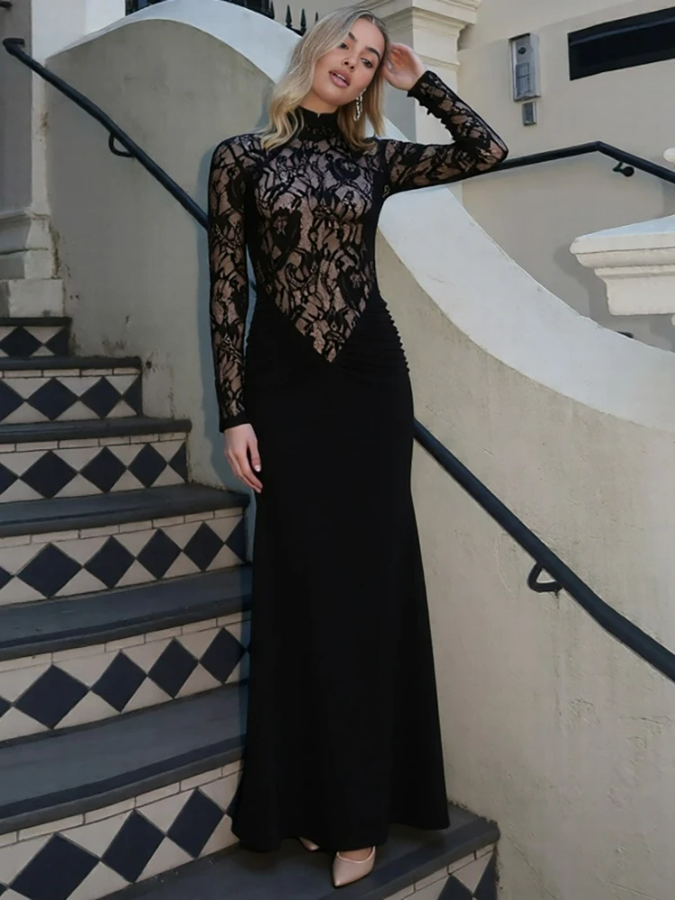 ByeMyLove Spitzen-Maxikleid für Damen, Spitze, sexy, langärmelig, Stehkragen, Rollkragenkleid, schlankes Abendkleid, lange Kleider