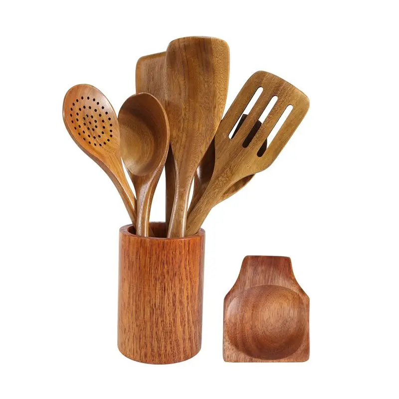 A21Q -9 PCS Wooden Spoons For Cooking, Wooden Utensils For Cooking With Utensils Holder, Teak Wooden Kitchen Utensils Set